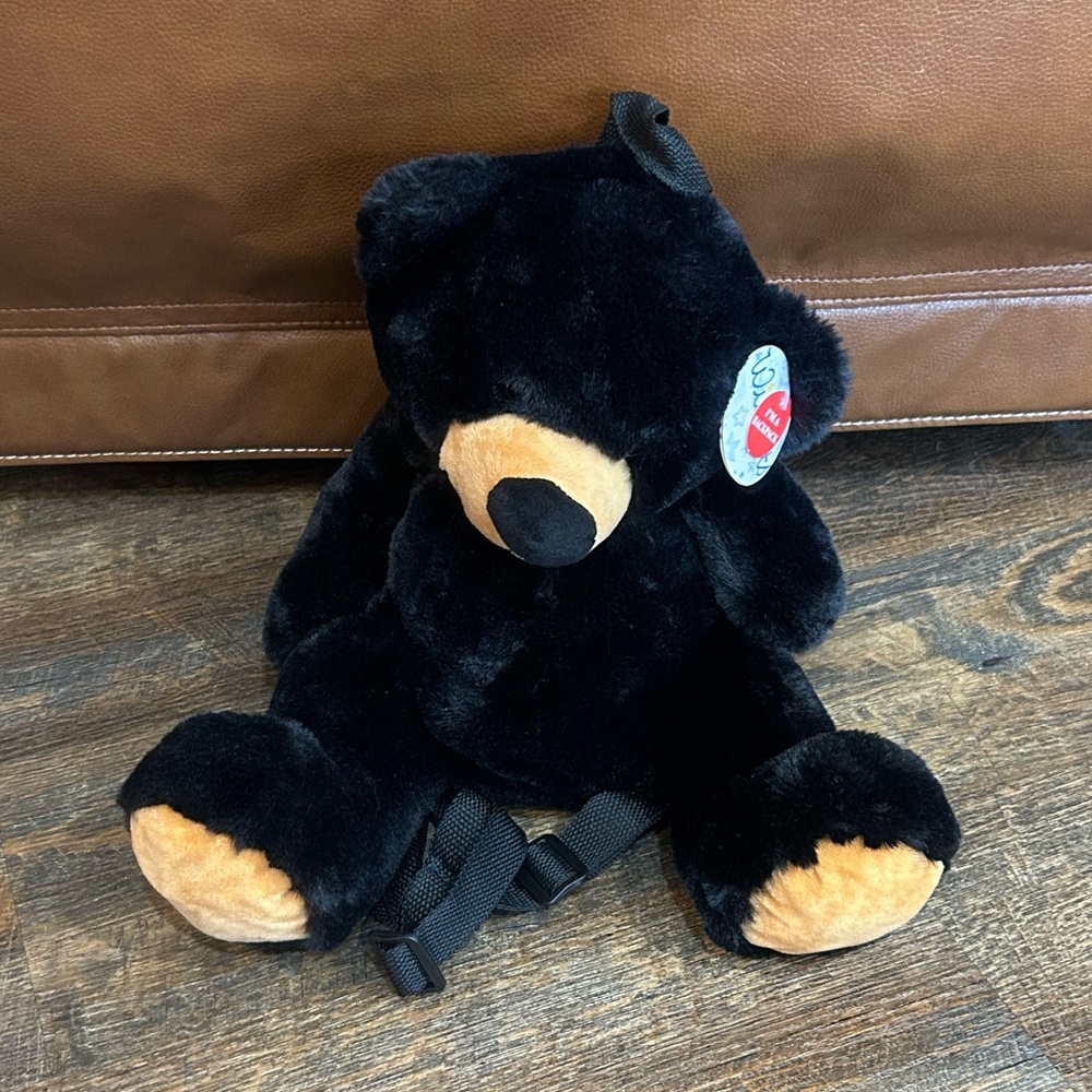 Plush Black Bear Stuffed Animal Backpack - Soft Black and Tan Bear